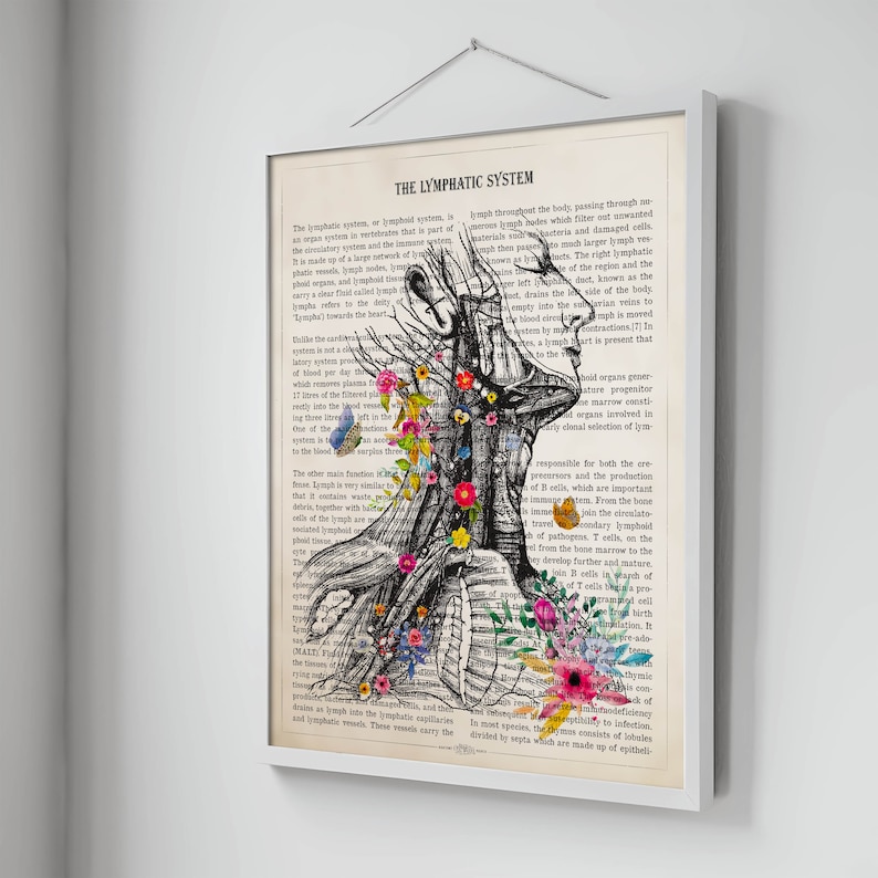 May include: A black and white anatomical illustration of the lymphatic system with colorful flowers superimposed on the image. The text "THE LYMPHATIC SYSTEM" is visible at the top of the image.