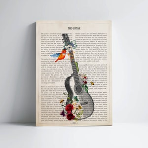 May include: A vintage illustration of a black acoustic guitar with floral and bird accents. The image is overlaid on a page of text about the history of the guitar. The text includes the title "The Guitar" and describes the different types of guitars.