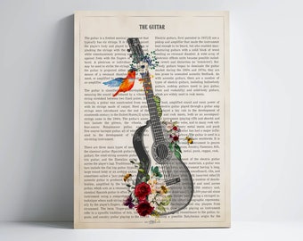 Guitar with Flowers Print, Musical Instrument, Musician Decor, Violin Wall Art Decoration, String instrument Decoration, Gift for Guitarist