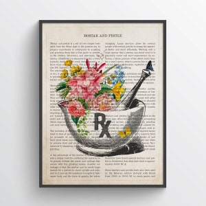 Mortar and Pestle Flower Print, RX Pharmacy Gift, Apothecary Art, Pharmacist Gift Idea, Dietitian Lab Technician Medical Decor