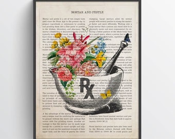 Mortar and Pestle Flower Print, RX Pharmacy Gift, Apothecary Art, Pharmacist Gift Idea, Dietitian Lab Technician Medical Decor