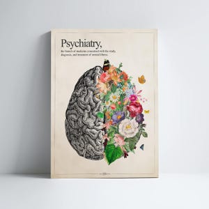 Psychiatry Print, Gift for Psychiatrist, Mental Health Poster, Cerebrum with Flowers, Brain Art, Psych Student Gift, Therapy Office Decor