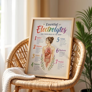 May include: A framed educational poster titled Essential Electrolytes and Their Roles in the Body, featuring a central anatomical illustration of a human torso with internal organs, surrounded by seven numbered points detailing electrolyte functions.