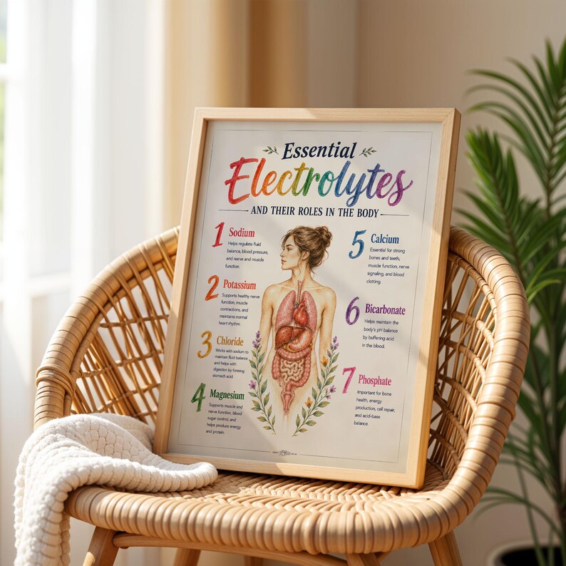 May include: A framed educational poster titled Essential Electrolytes and Their Roles in the Body, featuring a central anatomical illustration of a human torso with internal organs, surrounded by seven numbered points detailing electrolyte functions.