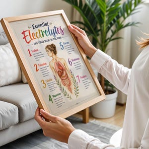 May include: A framed educational poster titled Essential Electrolytes and Their Roles in the Body, featuring a central anatomical illustration of the human torso surrounded by numbered text descriptions of seven key minerals in colorful fonts.