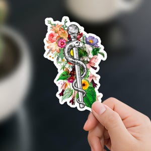 Rod of Asclepius Sticker for Health Care Professional Gift Medical Sign Sticker Healing and Medicine for healthcare with floral elements