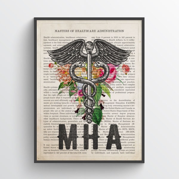 MHA with flowers Print, Masters of Health Administration Gift, Health Admin Doctors Office Decor, MHA Graduation Present, Public Health