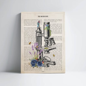 May include: A vintage illustration of a microscope with floral details. The text "THE MICROSCOPE" is at the top of the image. The microscope is surrounded by flowers and bees.