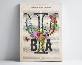 BA with Flowers Print for Bachelor of Arts in Psychology Gift Graduation Psychologist Office Decor