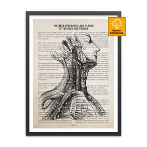 Stampa del sistema linfatico profondo, anatomia del collo e del torace, poster medico vintage, arte dei linfonodi, decorazione per studio otorinolaringoiatrico, regalo per oncologi, arte per studenti di medicina