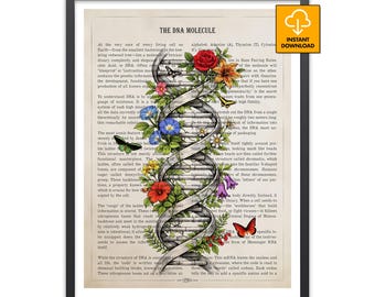 Pôster vintage floral de DNA, arte de parede científica de biologia, ilustração da hélice do DNA, decoração de molécula genética, decoração educativa