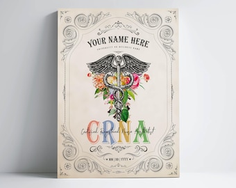 Personalized CRNA Caduceus Flower Print for Certified Registered Nurse Anesthetist Graduation Gift For Healthcare Professional Office Decor