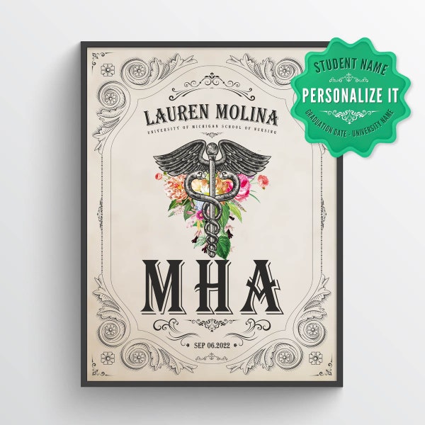 Personalized MHA with flowers Print, Masters of Health Administration Gift, Health Admin Present, MHA Graduation Present, Public Health