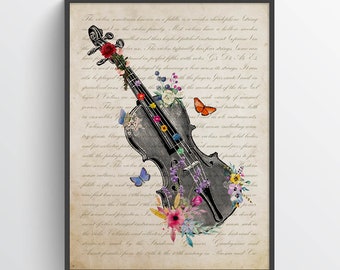 Violin with Flowers Print, Musical Instrument, Musician Decor, Violin Wall Art Decoration, String instrument Decoration, Gift for Violinist