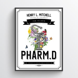 May include: A black and white graduation announcement for a Doctor of Pharmacy. The announcement features a vintage style caduceus with flowers and butterflies. The text reads "Henry L. Mitchell - Doctor of Pharmacy - Feb 13, 2019 - United States of America - Pharm.D - University of Michigan School of Nursing."