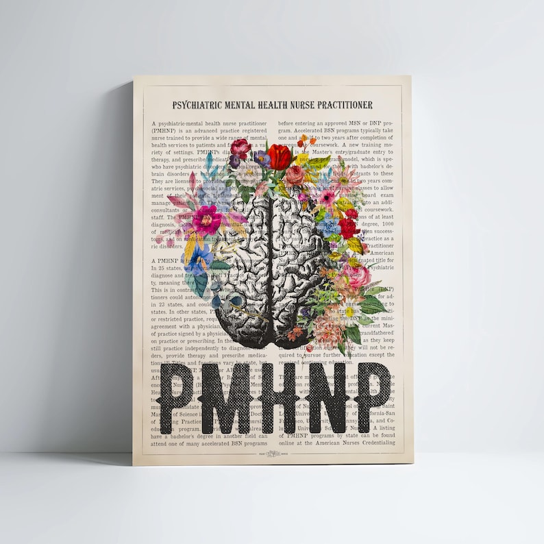 PMHNP with Flowers Print, Psychiatric Mental Health Nurse practitioner gifts, APRN Gift Idea, PMHNP Graduation, Cerebrum Anatomy Decor image 1