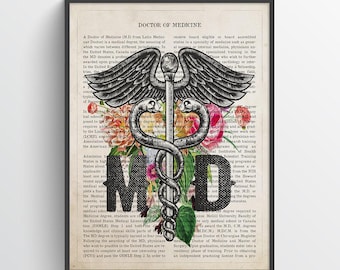 MD with Flowers Print, Doctor of Medicine Gift, MD Graduation gift idea, Doctors Office Decor, Doctor Gift, Medical Student Gift Idea