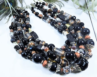 Black Multi Layer Statement Necklace, Black and Silver Statement Necklace, Chunky Black Statement Necklace