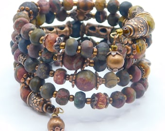 Picasso Jasper Gemstone Memory Wire Bracelet, Jasper Wrap Bracelet, Jasper Stacked Bracelet