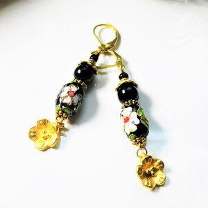Black Cloisonne Earrings, Black Dangle Earrings, Gold and Black Floral Earrings, Flower Earrings, Black Drop Earrings