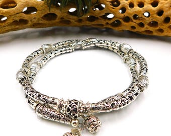 Silver Choker Necklace, Memory Wire Choker Necklace, Wire Wrap Necklace, Boho Choker, Silver Bead Choker