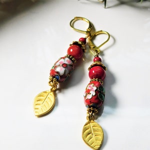 Red Closionne Earrings, Red Floral Earrings, Red Dangle Earrings, Gold and Red Flower Earrings, Flower Earrings