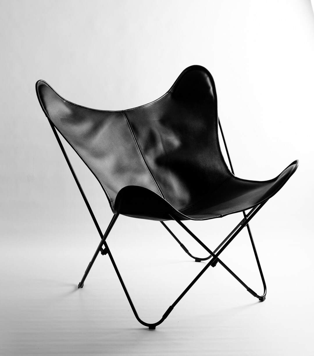 Matte Black Pebbled Leather Butterfly Chair 100 Handcrafted Etsy