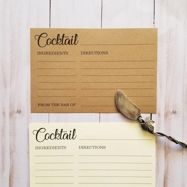 Printed Cocktail | RECIPE CARDS | Modern | Rustic Wedding |  Bridal Shower | Housewarming |  Birthday | Bachelorette Party | Gift | Favor