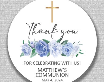 Personalized THANK YOU Round Stickers | Printed | Shipped | Communion | Baptism | Christening | Confirmation | Blue Flowers | Favors