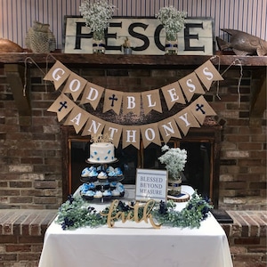 Burlap GOD + BLESS Banner | Personalized | Baptism | Christening | First Holy Communion | Confirmation | Party Decor | Celebration