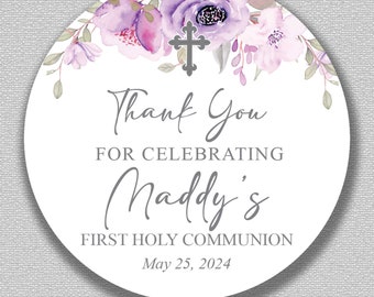 Personalized THANK YOU Round Stickers  | Printed | Shipped | Communion | Baptism | Christening | Confirmation | Pink Flowers | Favors