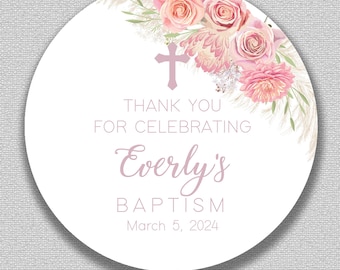Personalized THANK YOU Round Stickers | Printed | Shipped | Communion | Baptism | Christening | Confirmation |  Pink Flowers | Favors