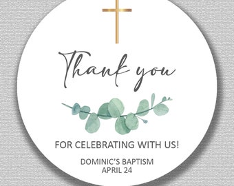 Personalized THANK YOU Round Stickers | Printed | Shipped | Communion | Baptism | Christening | Confirmation | Eucalyptus | Favors