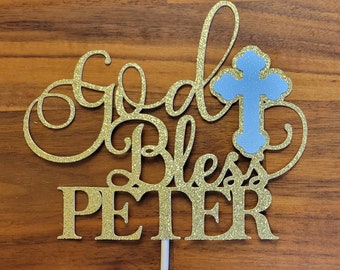 Personalized  Cake Topper GOD + BLESS  Name | Personalized | Custom Baptism | Christening | Confirmation | Communion | Party | Decor