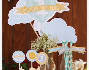 Hot Air Balloon Party Set for Boys or Girls – Printable First Birthday Party Kit by Squawk Box Studio