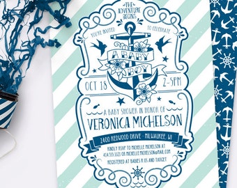 Nautical Baby Shower Invitation, Anchor, Navy, It's A Boy, Printable Digital Card By Squawk Box Studio