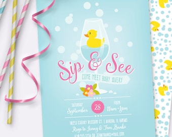 Rubber Ducky Sip & See Invitation – Baby Girl – Printable Invitation by Squawk Box Studio