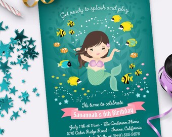Mermaid Birthday Invitation Set – Choice of 9 Mermaid Characters – Printable Birthday Invitation and Thank You Card by Squawk Box Studio