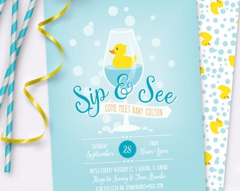 Rubber Ducky Sip & See Invitation – Baby Boy – Printable Invitation by Squawk Box Studio