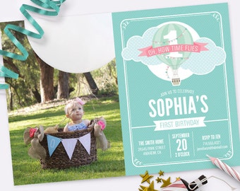 First Birthday Invitation Set for Boys or Girls – Hot Air Balloon Theme – Printable Photo Invitation and Thank You Card by Squawk Box Studio