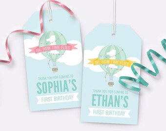 Hot Air Balloon Favor Tags for Boys or Girls – Printable First Birthday Tags by Squawk Box Studio