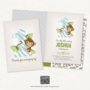 First Birthday Photo Invitation Set – Boys Silly Little Monkey Blue Safari – Printable Invitation and Thank You Card by Squawk Box Studio