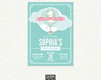 First Birthday Invitation Set for Girls – Hot Air Balloon Theme – Printable Invitation and Thank You Card by Squawk Box Studio