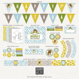 Birthday Party Decorations for Boys Age 1-5 – Silly Little Monkey Blue Safari – Printable Party Kit by Squawk Box Studio