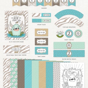 Può includere: Un kit di festa digitale stampabile per il secondo compleanno di un bambino. Il tema è "Terrible Twos" e presenta una simpatica illustrazione di un mostro. Il kit include uno striscione, involucri per cupcake, cerchi per la festa, involucri per bottiglie d'acqua, biglietti da tavolo, topper per sacchetti di dolcetti, bandierine per cannucce e una pagina da colorare. I colori sono blu, verde, marrone e bianco.