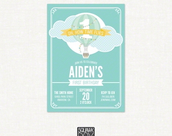 First Birthday Invitation Set for Boys – Hot Air Balloon Theme – Printable Invitation and Thank You Card by Squawk Box Studio