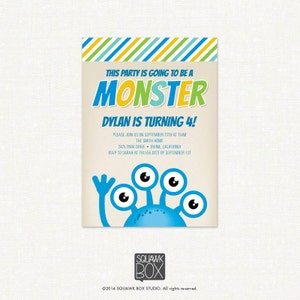 Monster Birthday Invitation Set  – Blue – Printable Invitation and Thank You Card by Squawk Box Studio