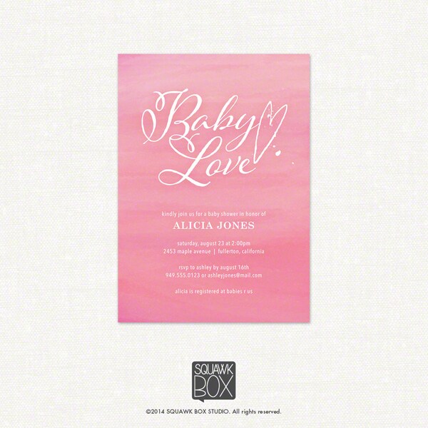 Ombre Watercolor Baby Shower Invitation – Rose Petal Pink – Printable Baby Shower Invitation by Squawk Box Studio