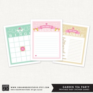 Può includere: Tre giochi stampabili per baby shower: Bingo, biglietti di consigli e un gioco di parole incomprensibili. La scheda del Bingo è verde menta con uno spazio rosa. Il biglietto di consigli è rosa con carta a righe. Il gioco di parole incomprensibili è beige.