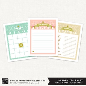 Può includere: Tre schede di gioco per baby shower stampabili con un tema di garden tea party. Le schede sono verdi, rosa e beige con accenti floreali. I giochi sono Baby Bingo, Some Words of Advice e Baby Brain Scramble.
